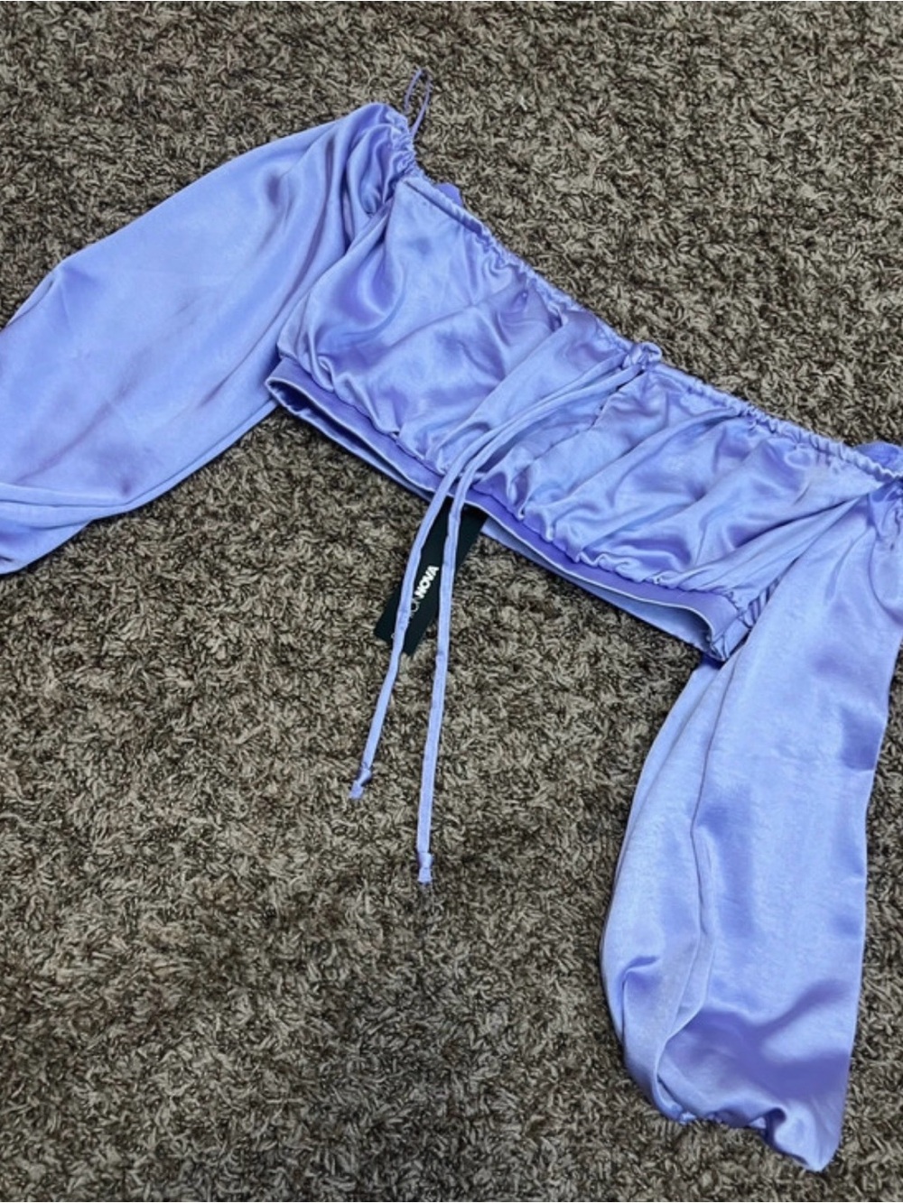Fashion Nova Lilac Satin Off-Shoulder Crop Top